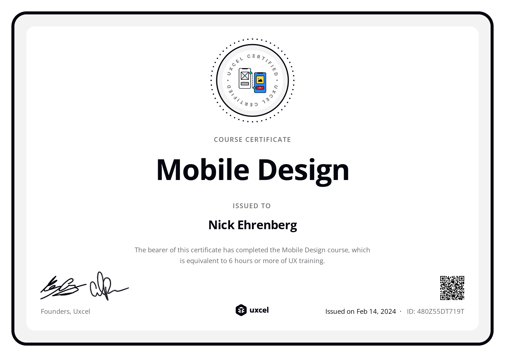 Nick Ehrenberg's certificate